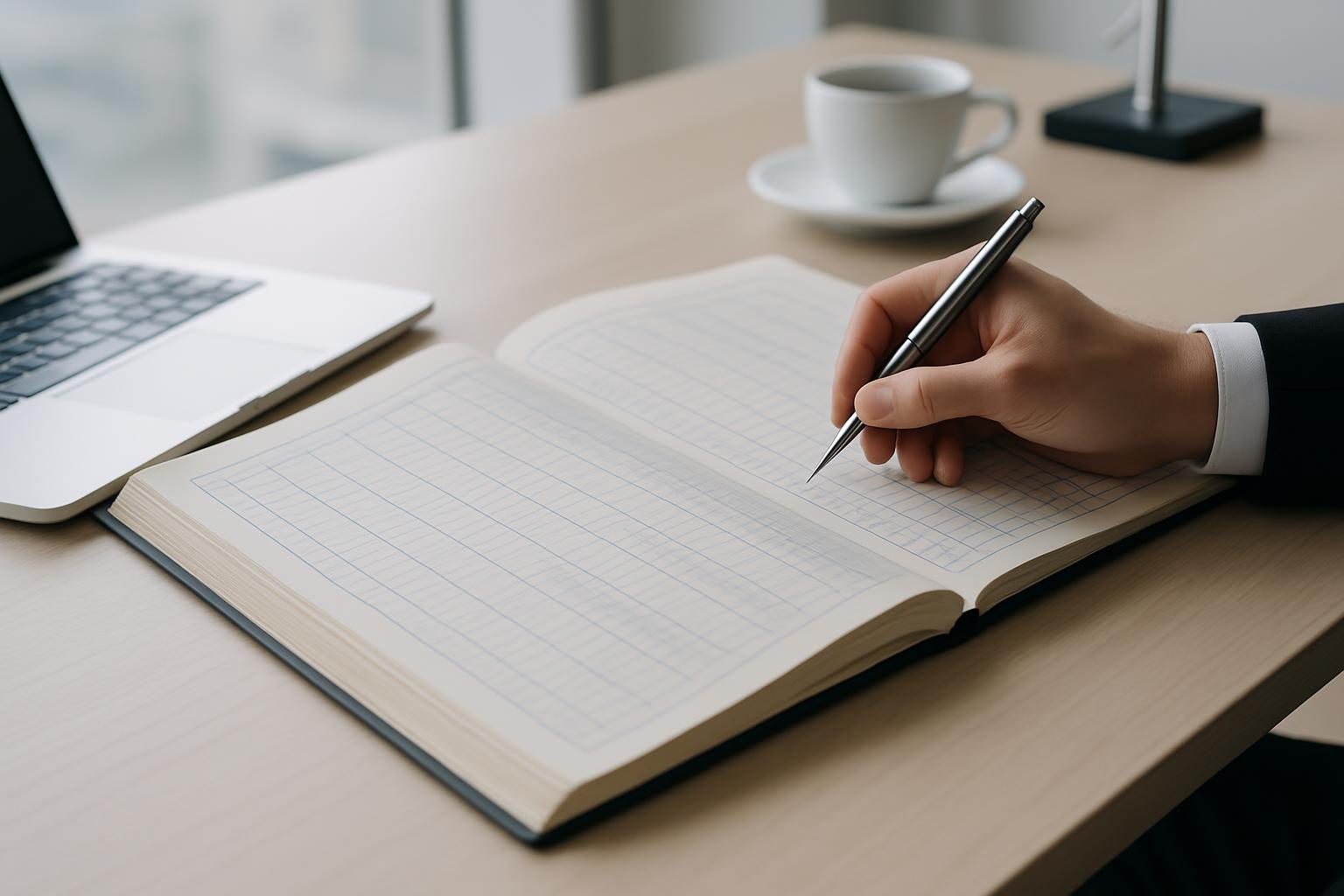 A hand in a business suit writing with a metal pen on an open notebook with graph paper is sitting on a table with white l...